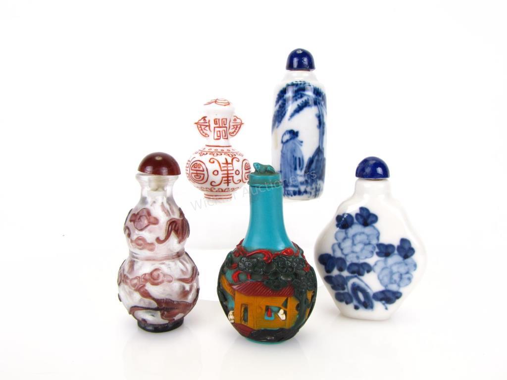 Appraisal: Group of Oriental Snuff Bottles five total including clear glass