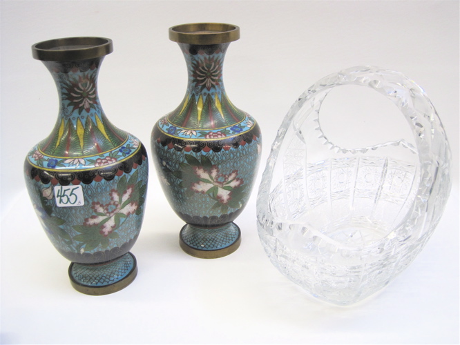 Appraisal: PAIR OF CLOISONNE VASES CUT GLASS BASKET pieces Chinese cloisonne