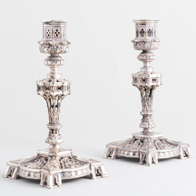 Appraisal: Pair of Gothic Revival Style Cast Metal Candlesticks Stamped mark