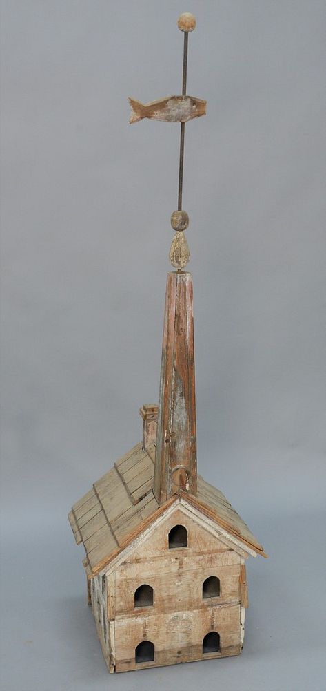 Appraisal: Three-story Birdhouse with tall steeple mounted with wood fish weathervane