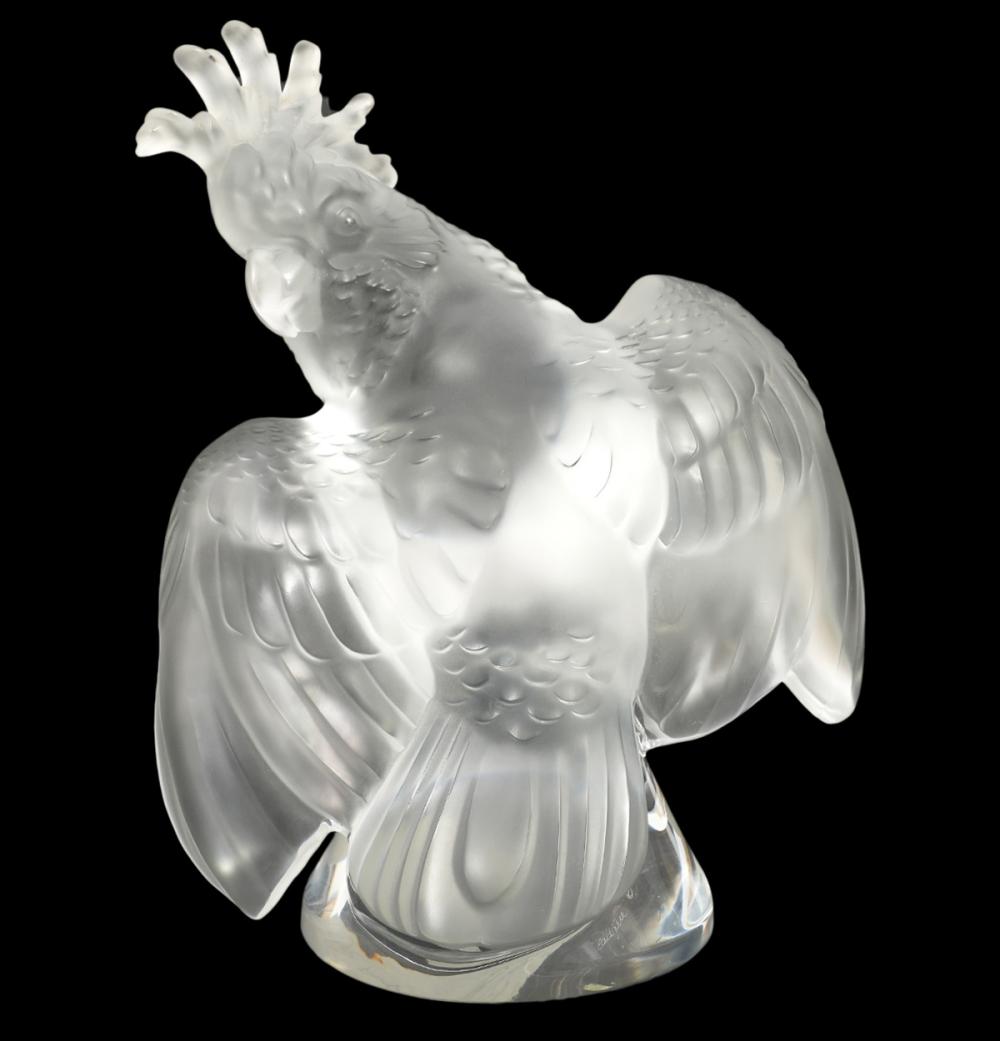 Appraisal: LALIQUE CRYSTAL 'COCKATOO' SCULPTURE WITH LABELLalique frosted and clear crystal