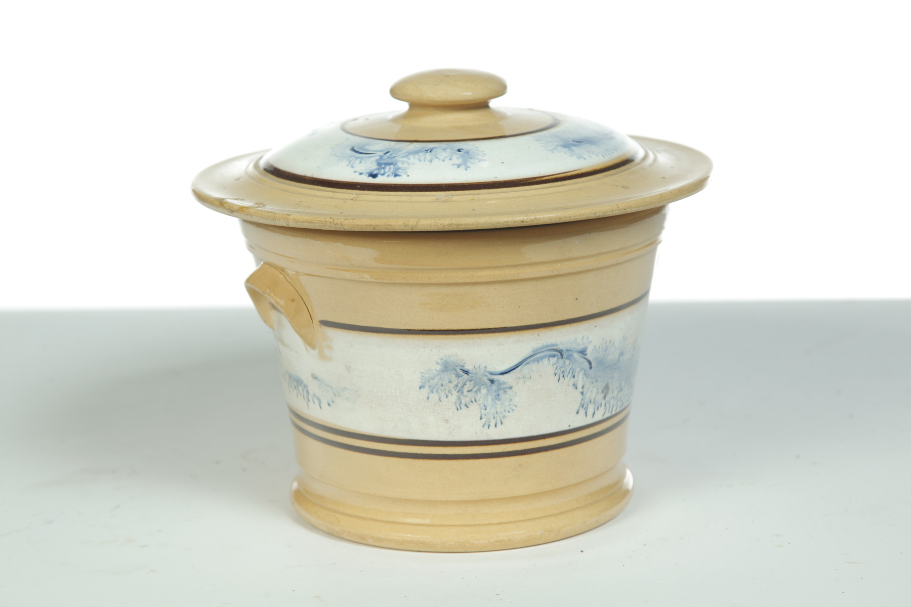 Appraisal: YELLOWWARE LIDDED JAR WITH HANDLES England rd quarter- th century