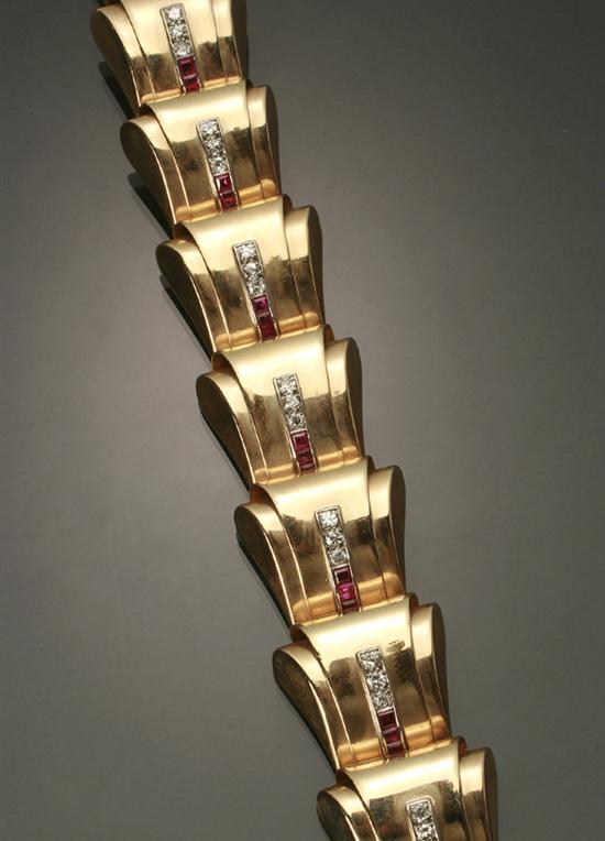 Appraisal: Retro Tested -Karat Yellow-Gold Diamond and Ruby Bracelet Circa Set