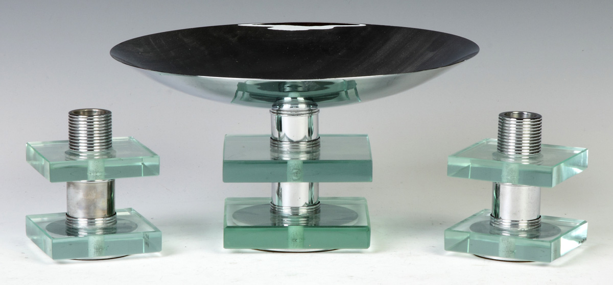 Appraisal: Modern Chrome Plate Glass Candlesticks Compote