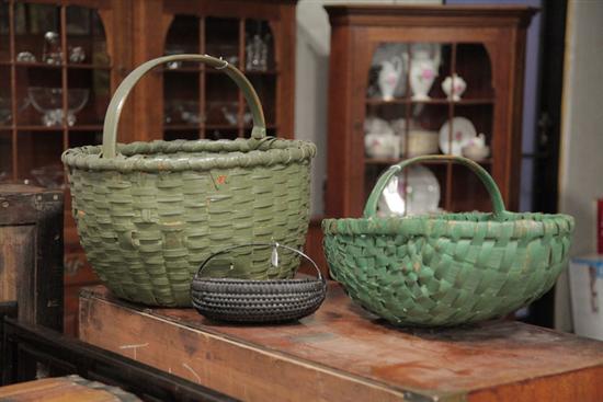 Appraisal: THREE PAINTED BASKETS Large size gathering basket with handle and