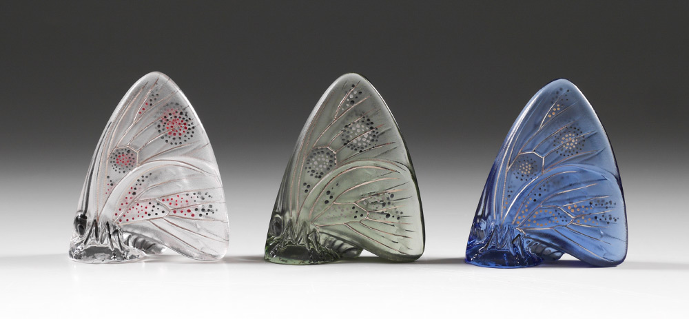 Appraisal: LALIQUE CRYSTAL BUTTERFLY FIGURINES enameled crystal butterflies one clear one