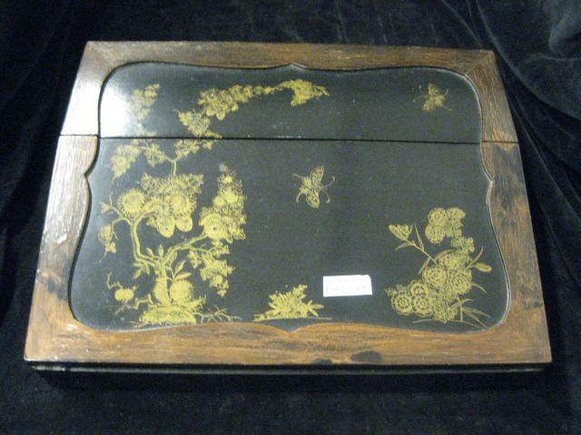 Appraisal: Victorian Lap Desk lacquerware butterfly floral inner compartments x