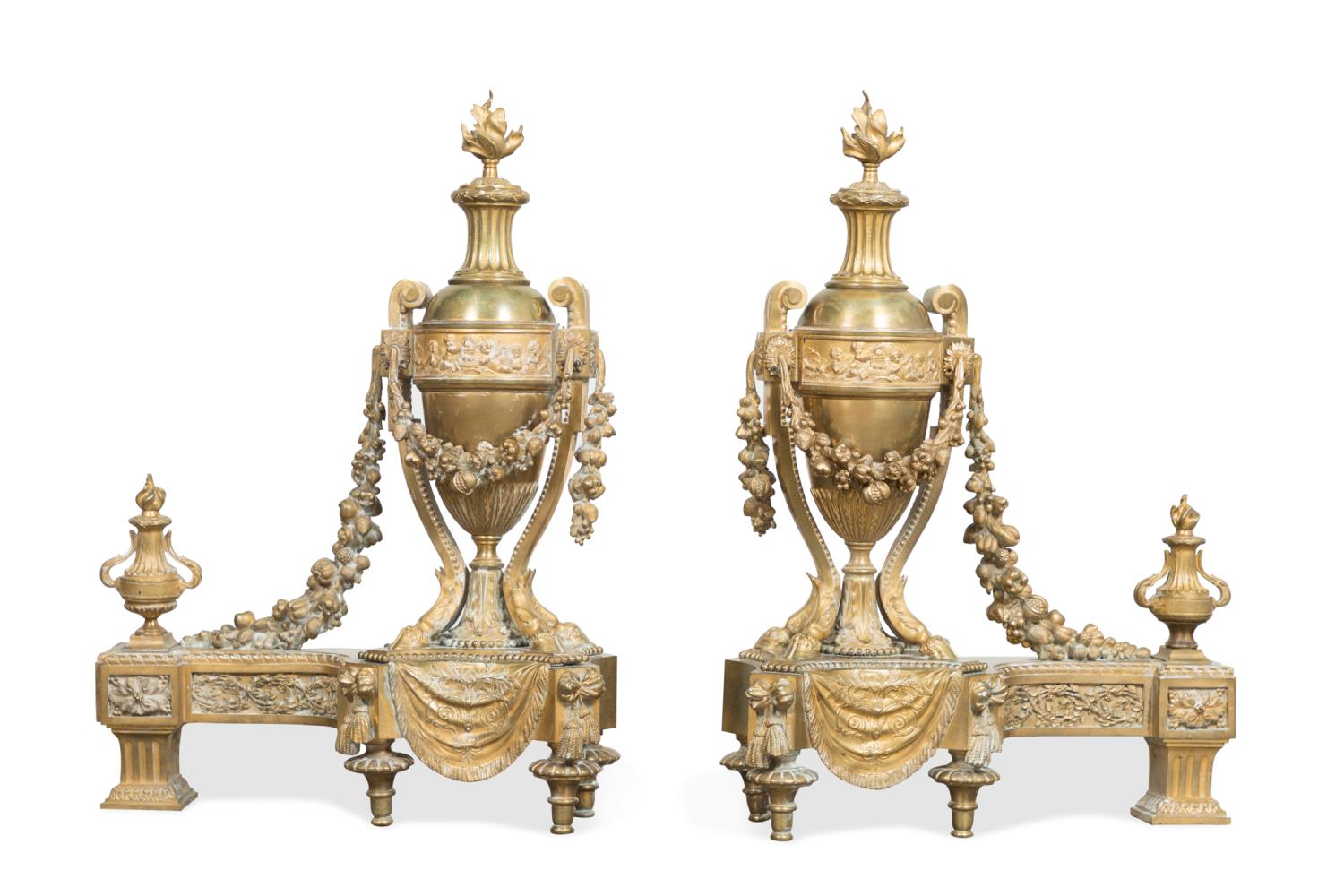 Appraisal: PAIR OF LOUIS XVI STYLE BRONZE URN FORM CHENETS Pair