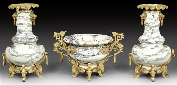 Appraisal: THREE-PIECE MARBLE ENSEMBLE Louis XVI style signed E CORNU PARIS