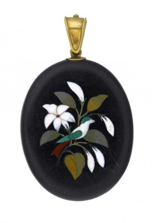 Appraisal: A VICTORIAN OVAL PIETRE DURE PENDANT with a bird and