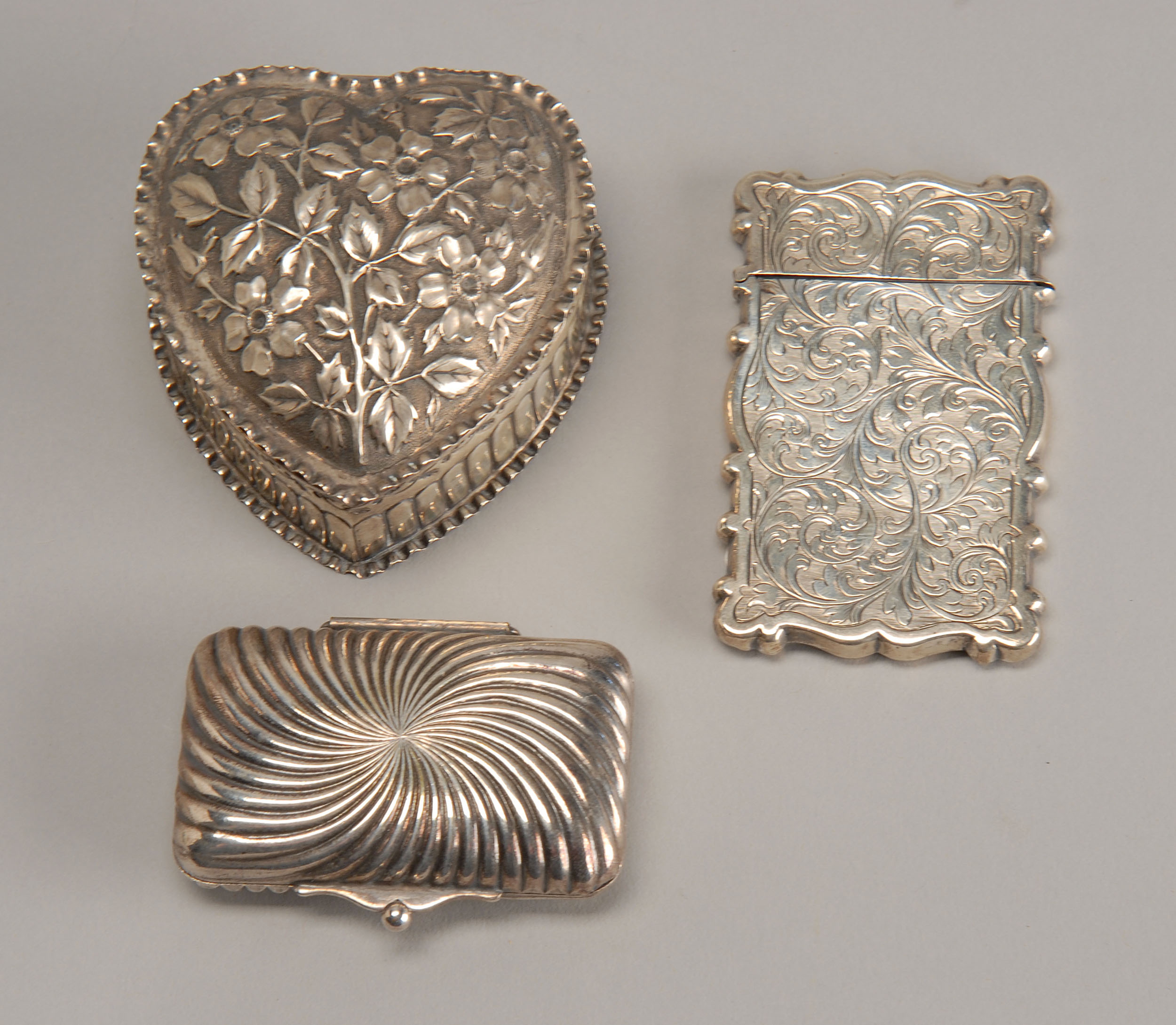 Appraisal: THREE SILVER BOXES two English sterling including one in heart