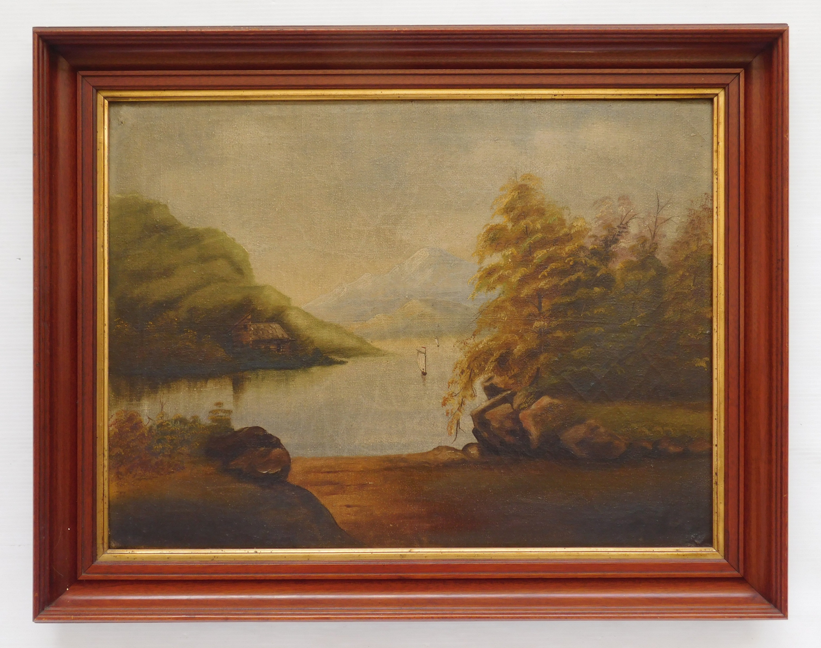 Appraisal: th c American School Landscape with Sailboat on a Lake-