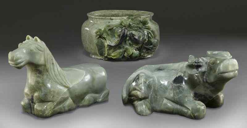 Appraisal: Pcs Chinese carved serpentine including waterpot carved with a goldfish