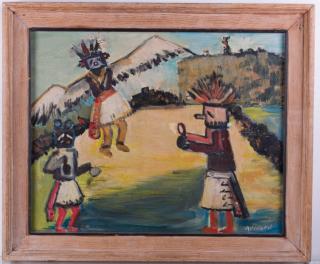 Appraisal: Margaret Mangan Hopi Kachinas Masonite Painting Margaret Mangan - Hopi