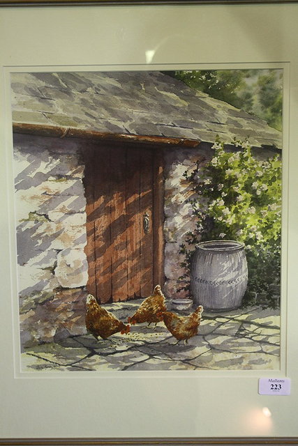 Appraisal: Jan Gregson British b Chickens feeding outside a barn signed