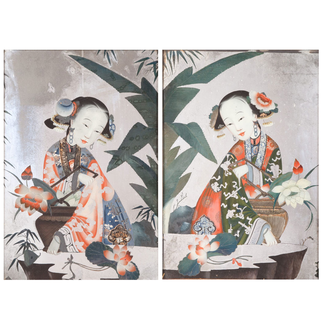 Appraisal: Pair of Chinese Reverse Glass Paintings Depicting figural scenes Height