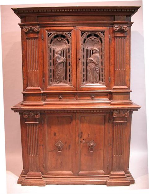 Appraisal: ITALIAN RENAISSANCE WALNUT CREDENZA Two-tiered the upper section with paneled