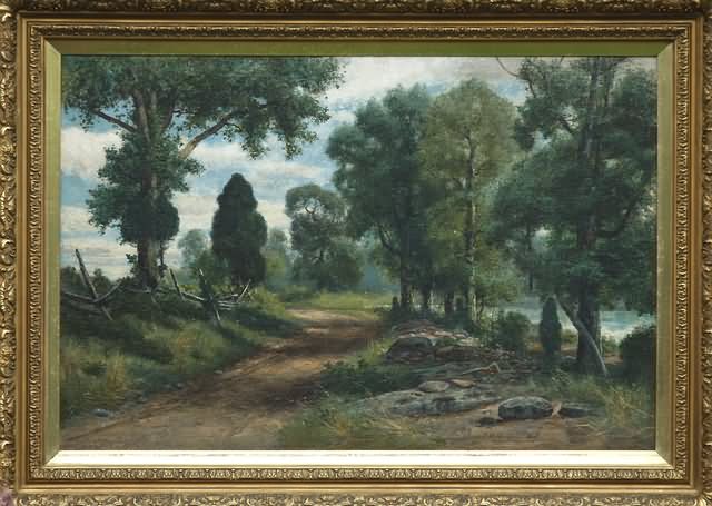 Appraisal: Woodland landscape with road oil on canvas relined x SLR