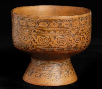 Appraisal: MIXTEC TERRACOTTA SMALL FOOTED CUP Slip glazed with black-painted meander