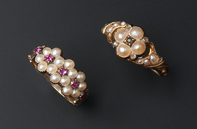 Appraisal: TWO ANTIQUE HALF PEARL AND GEM SET CLUSTER RINGS the