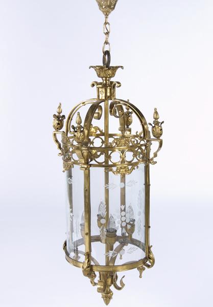 Appraisal: BRASS AND GLASS HANGING FIXTURE Four light chandelier with acid