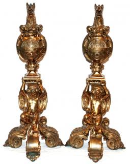 Appraisal: BRASS FIGURAL ANDIRONS EARLY TH C PAIR BRASS FIGURAL ANDIRONS