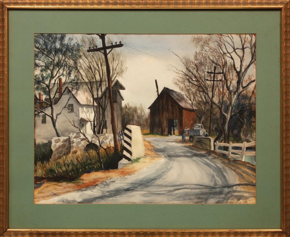 Appraisal: Jack Schneider American th c Bridge and Barn double-sided watercolor