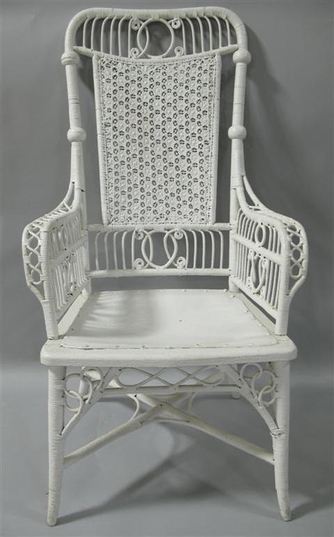 Appraisal: WHITE WICKER ARMCHAIR with woven back over plank seat raised