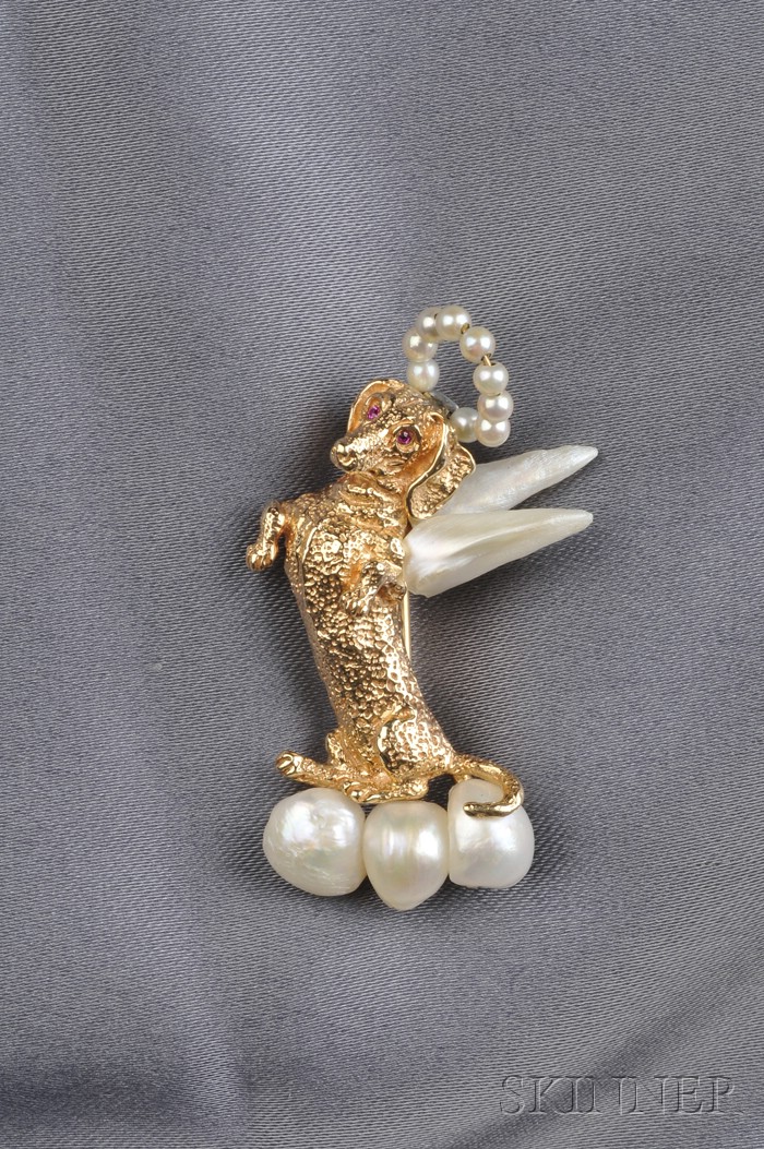 Appraisal: kt Gold Freshwater Pearl and Ruby Dachshund Brooch Ruser seated