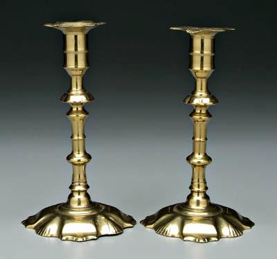 Appraisal: Pair petal base brass candlesticks scalloped and shell decorated socket