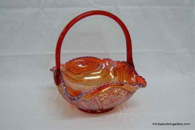 Appraisal: Large Red ''Sunset'' Carnival Glass '' BasketProduced by Indiana Glass