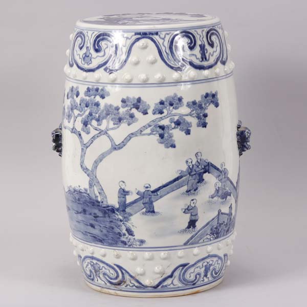 Appraisal: Chinese blue and white porcelain garden seat with young boys