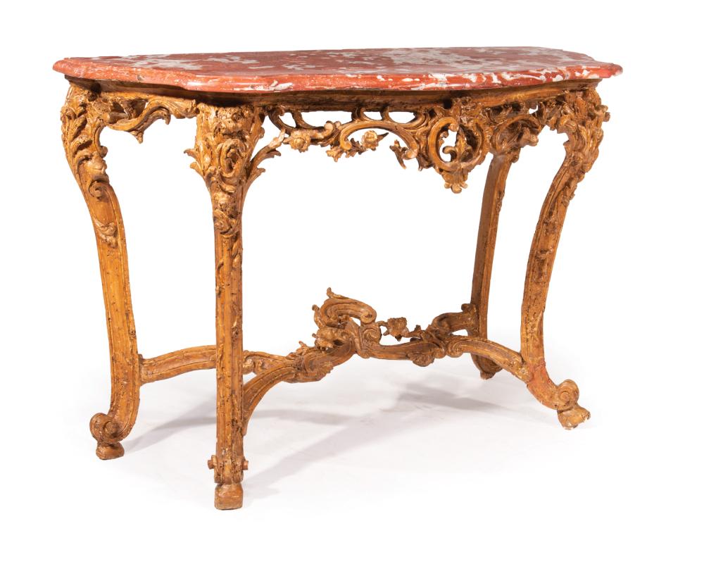 Appraisal: Continental Louis XV-Style Giltwood Console Table serpentine griotte rouge marble