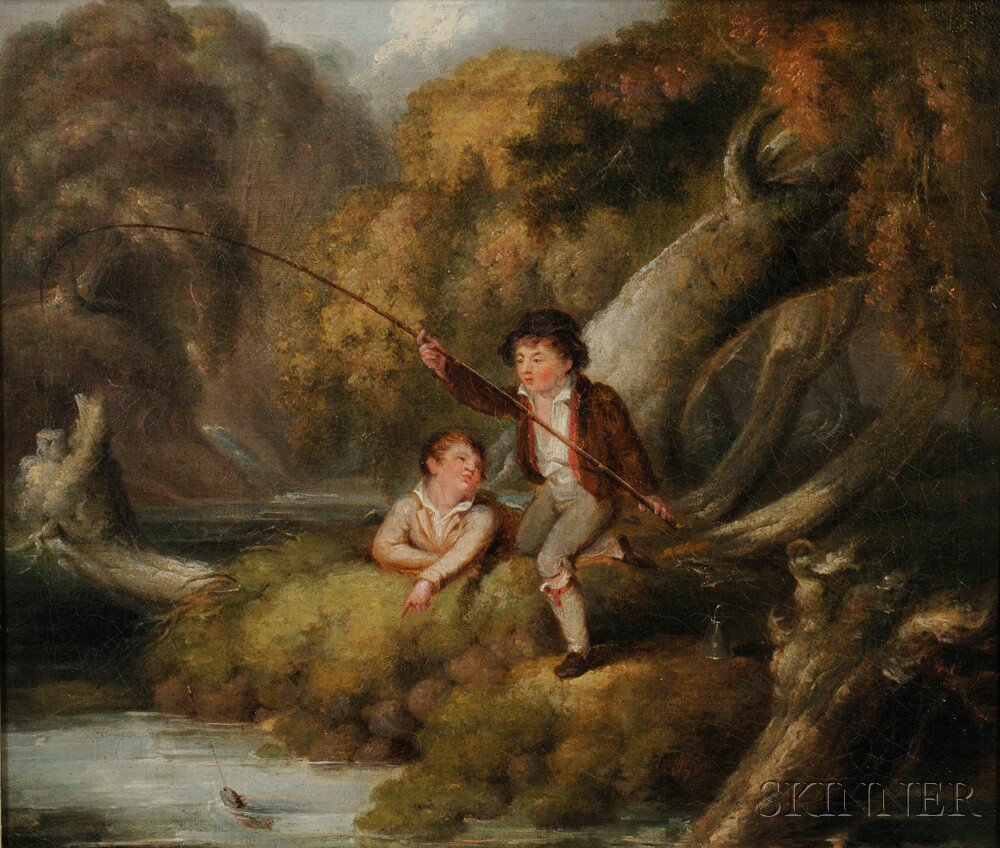 Appraisal: Continental School th Century Two Boys Fishing on a Mossy