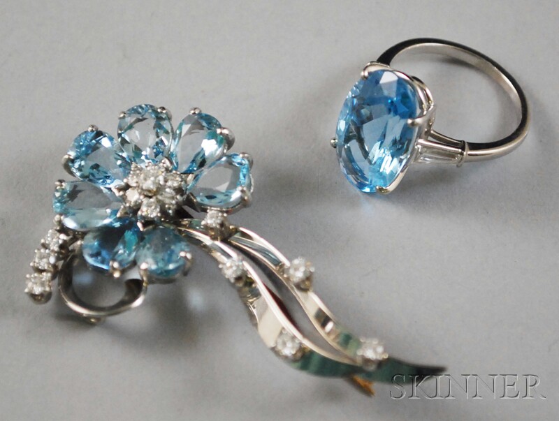 Appraisal: Platinum Aquamarine and Diamond Ring and Brooch the ring set