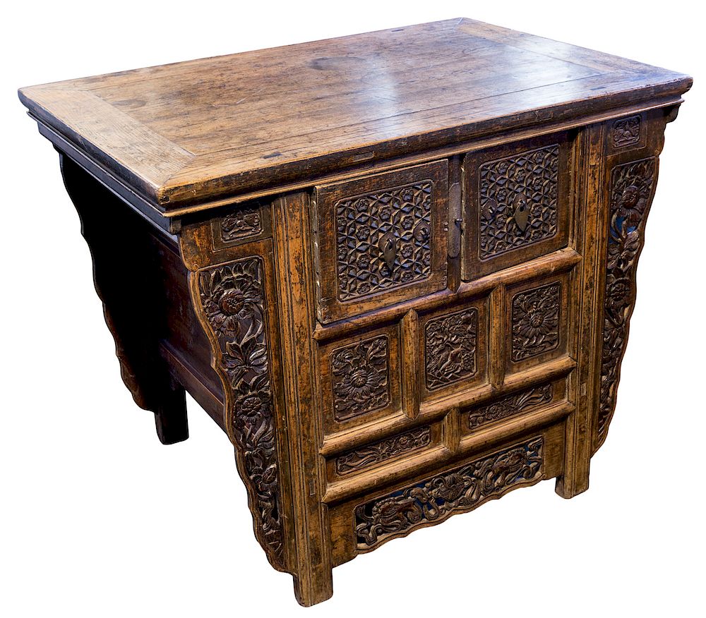 Appraisal: A CHINESE ELMWOOD TWO-DRAWER COFFER TABLE LATE TH CENTURY A