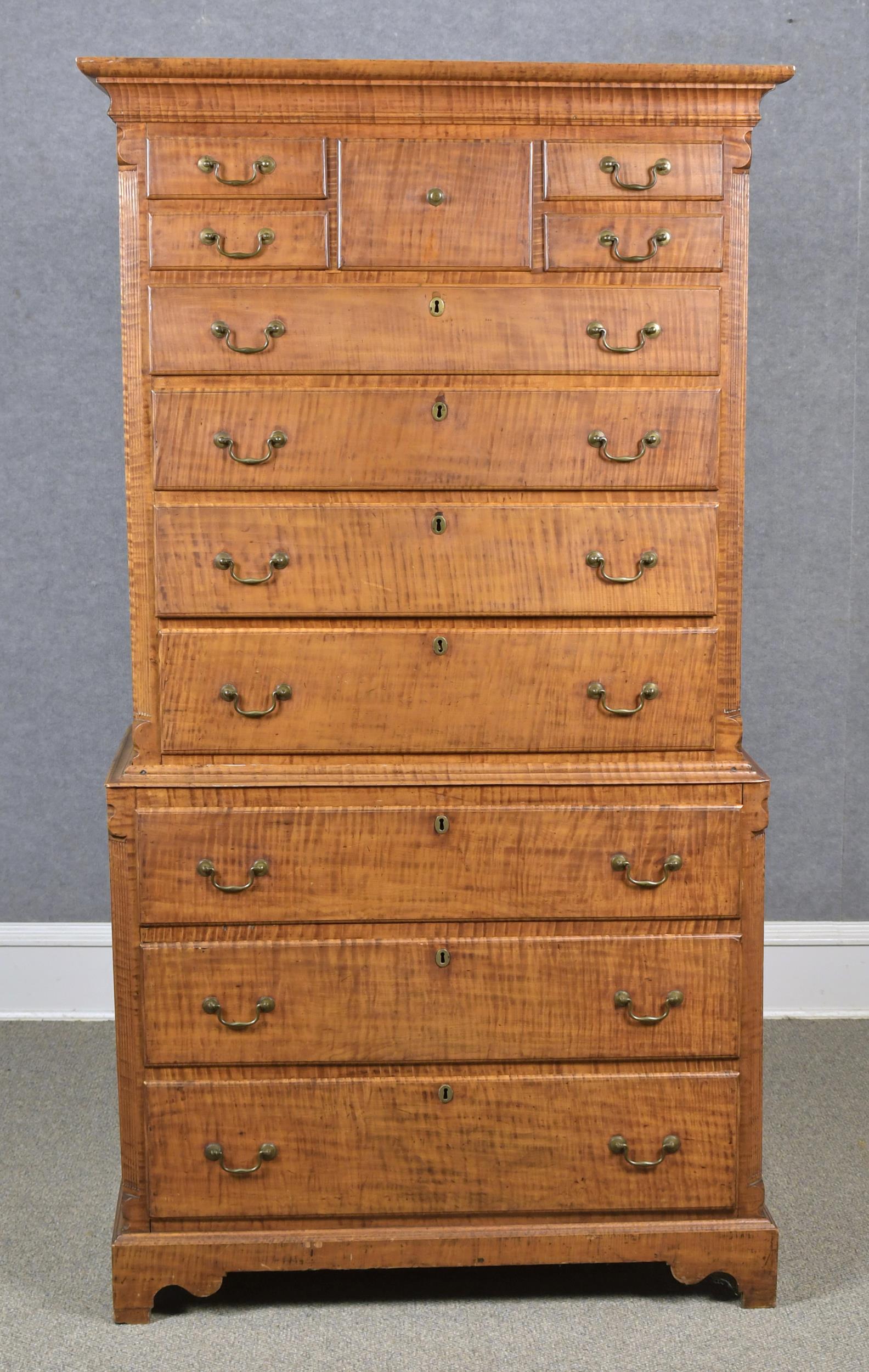 Appraisal: EXCEPTIONAL TH C TIGER MAPLE CHEST ON CHEST An exceptional