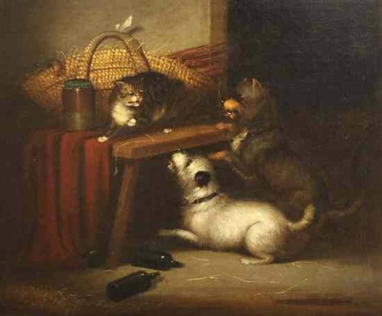 Appraisal: George Armfield - oil on canvas Interior with dogs chasing