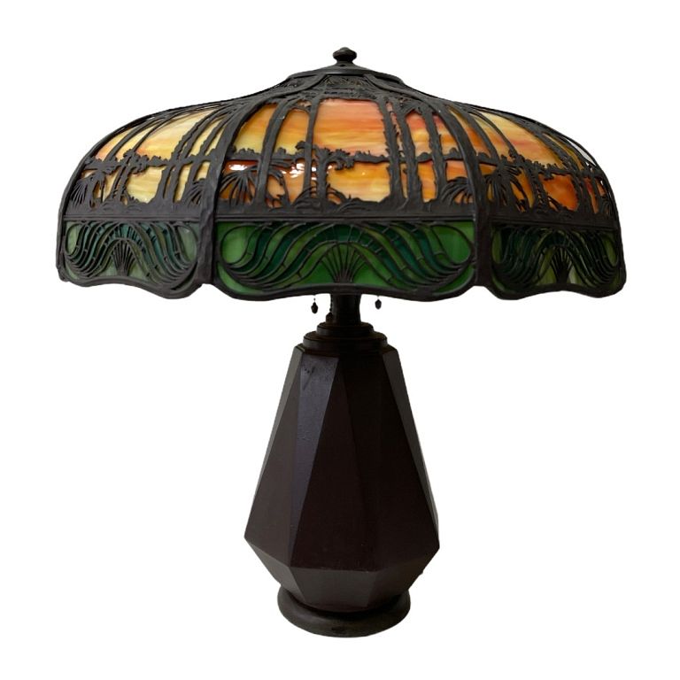 Appraisal: Handel Teroca Sunset Palm Trees Table Lamp Beautifully crafted slag