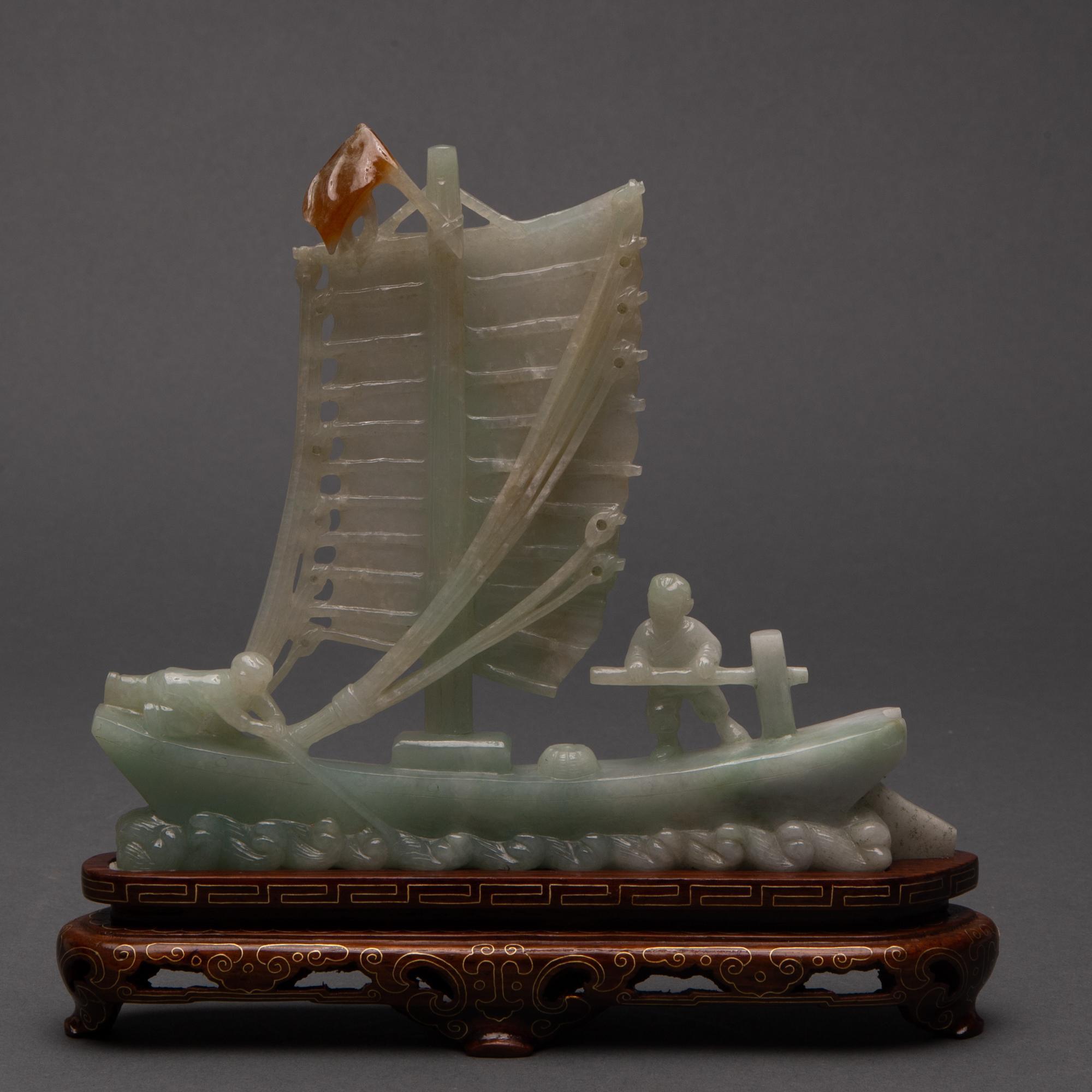 Appraisal: CARVED CHINESE JADEITE JADE BOAT TH TH CENTURY Carved jadeite