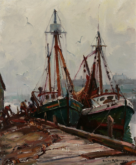 Appraisal: Emile Albert Gruppe American - Unloading Fishing Boats Signed Emile