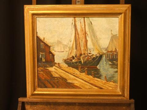 Appraisal: VIVIAN CLARK TH CENTURY AMERICAN GREEN BOAT AT DOCK Oil