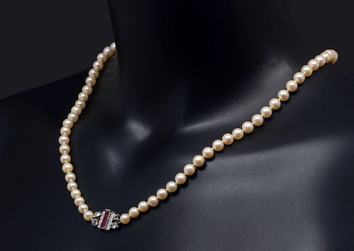 Appraisal: CARTIER PARIS CULTURED PEARL NECKLACE BURMA RUBIES Single '' strand