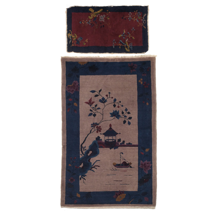 Appraisal: Art Deco Chinese rugs two c floral motif with navy