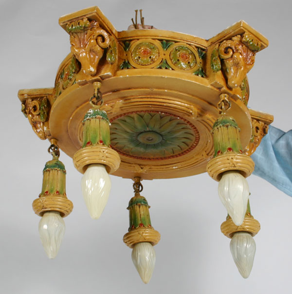 Appraisal: Deco ceiling light fixture with gessoed and painted surfaces embossed