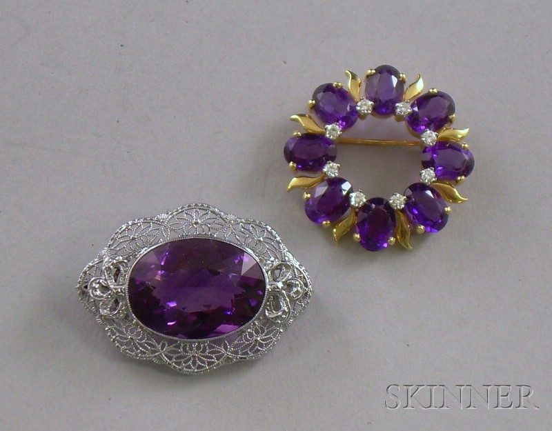 Appraisal: Two Amethyst Brooches one set in kt yellow gold the