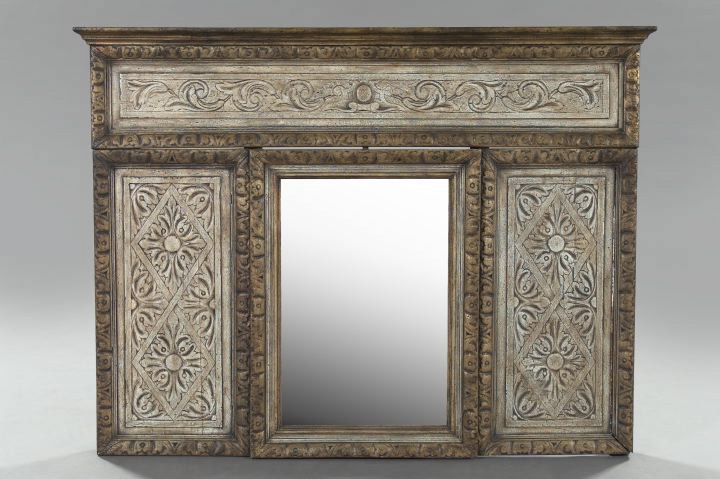 Appraisal: Large Italian Provincial Carved White-Pickled and Gilded Wood Tripartite Overmantel