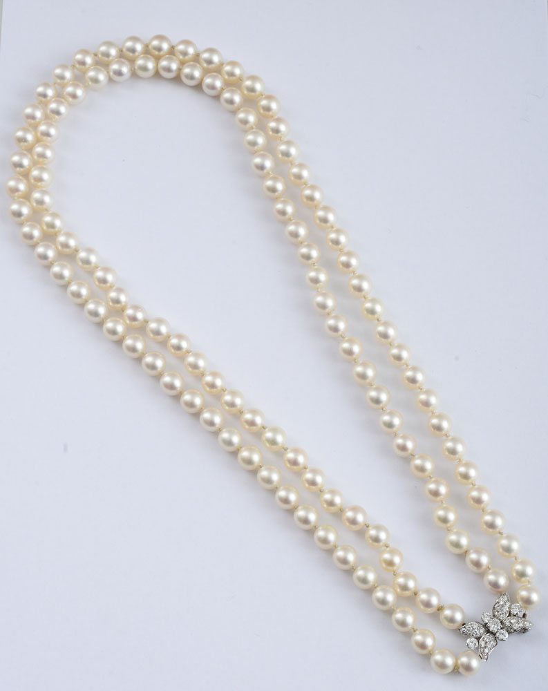 Appraisal: DOUBLE STRAND CULTURED PEARL AND DIAMOND NECKLACE BULGARI Two strands