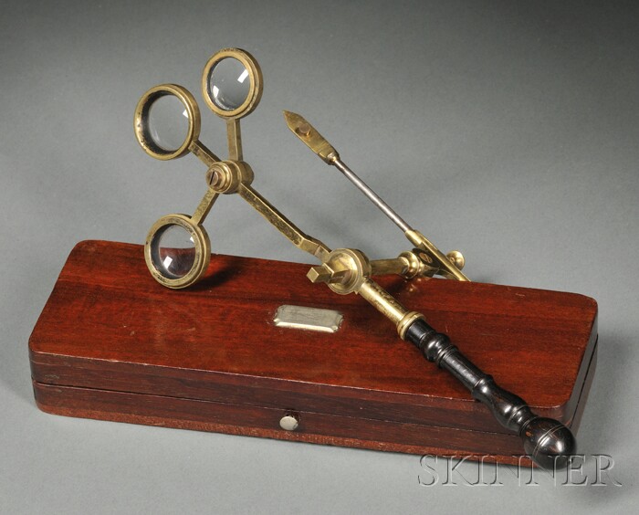 Appraisal: Brass Compass Microscope with Turned Wood Handle England early th