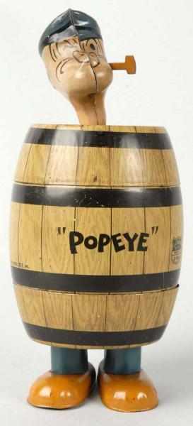 Appraisal: Tin Litho Chein Popeye in Barrel Wind-Up Toy Description American